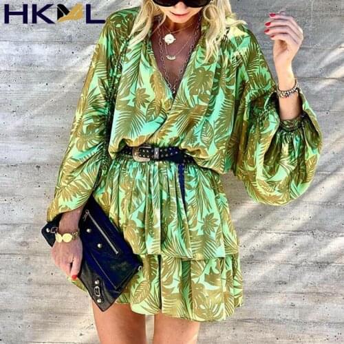 Autumn V Neck Leaf Print Short Dress Women Long Sleeve A Line Ruffle Dress 2021 Female New Winter Boho Loose Green Dress