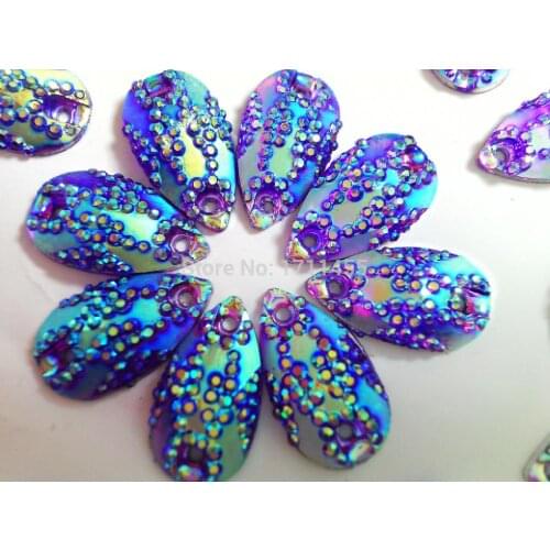 Dazzling Purple AB colour crystal sew on stones flatback water drop shape 10*18mm resin rhinestones for dress 150pcs/lot