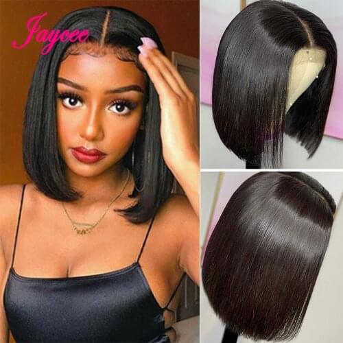 Straight Human Hair Wigs Short Bob Wigs Pre-Plucked Brazilian Hair Lace Closure Human Hair Wigs for Black Women180% Denisty