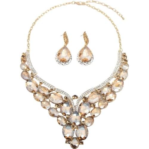 Luxury Crystal Jewelry Set Statement Necklace Earring Bridal Wedding Jewellery Fashion Women Rhinestone Statement Choker Indian