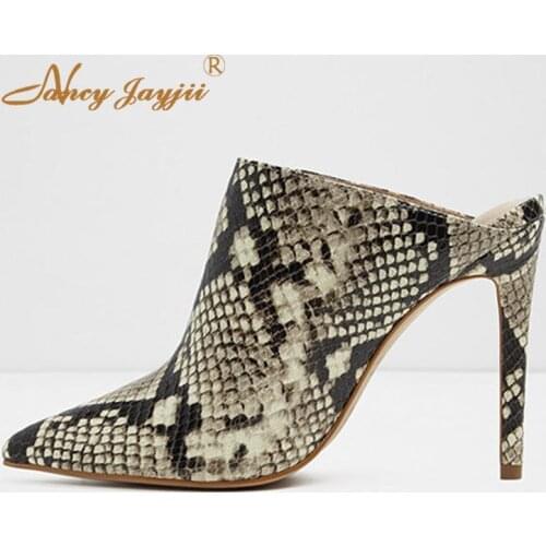 Snake Print Pointed Toe High Thin Heel Sandals Woman Large Size 10 15 Sexy Fashion 2019 For Ladies Footwear Slip On Party Casual