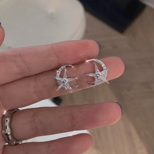 925 Sterling Silver Asymmetry Piercing Moon Star Stud Earring For Women Girls Wedding Jewelry