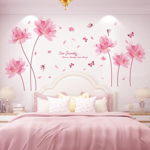 [shijuekongjian] Pink Color Flowers Wall Stickers DIY Plant Elf Wall Decals for Living Room Bedroom Kitchen House Decoration