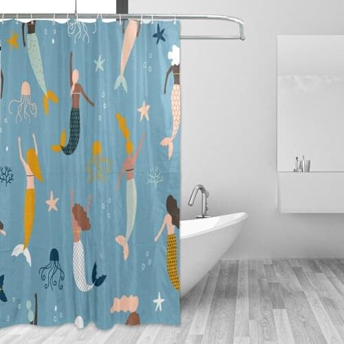 Ocean Theme Mermaid Cartoon Pattern Shower Curtain For Bathroom Polyester Fabric Waterproof Bath Curtain With 12 Hooks Washable