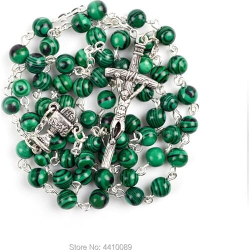 Green Peacock Stone Bead First Communion Rosary Necklace