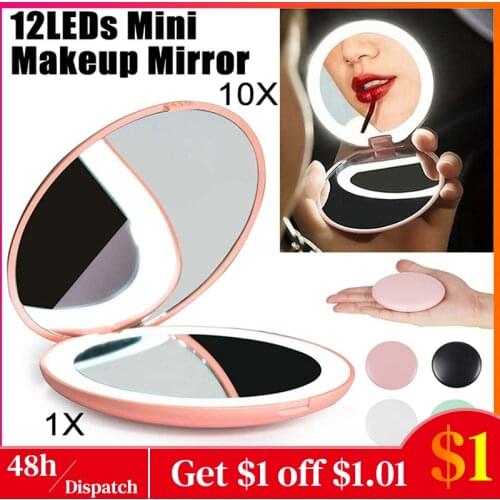 Makeup Mirror With Light Small Round LED Compact Lighted Mini Pocket Mirror Hand Magnifying Mirror Travel Valentines Day Gift