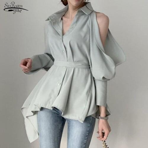 Women Blouse New Lady Hollow Out Turn Down Collar Fashion Shirts Off Shoulder Chic Spring Autumn 2020 Solid Tops Blusas 12136