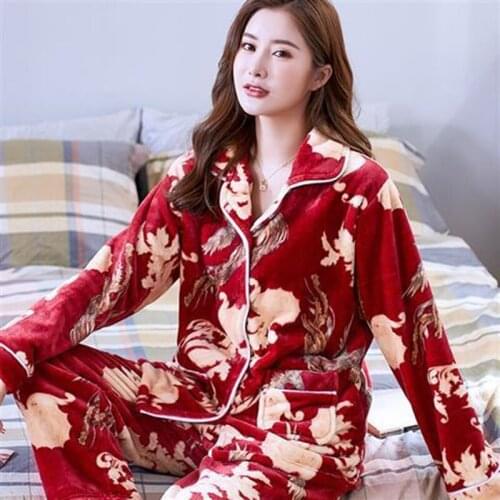 Womens Flannel Pajamas Top Sleepwear Set Women Cartoon Pajama Set 2Piece/Suit Full Sleeve Pant Lingerie Homewear