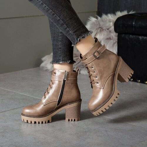 Boots Women 2020 Winter Shoes Woman High Heel Lace Up Ankle Boots Buckle Platform Artificial Leather Women Shoes zapatos mujer