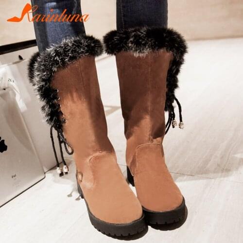 Karinkuna Big Size 34-43 New Fashion Ladies Winter Faux Fur Snow Boots Fashion Chunky Heels Boots Women Casual Warm Shoes Woman
