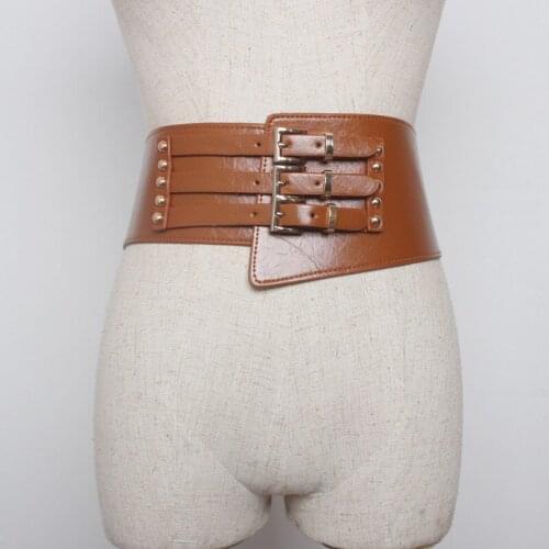 Women Wide Waistband PU Leather Fashion Elastic All around Dress Coat Decoration Fashionable Belt Cover 3 Pin Buckle Shows 76CM