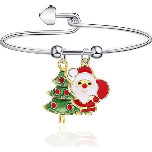 12pcs/lot Popular Winter Santa Claus Christmas Tree Neutral Metal Closed Bangle Gift Jewelry