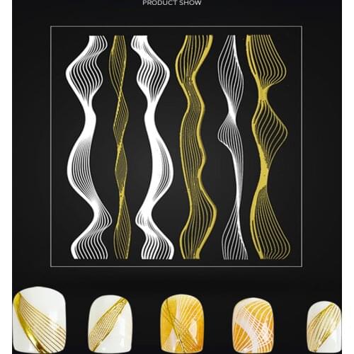 3D Nail Sticker Curve Stripe Lines Flower Nail Stickers Adhesive stripe band Nail Art stickers stickers White gold Black