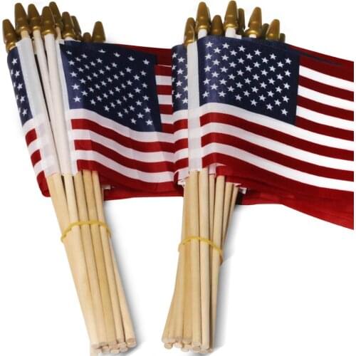 Anley LOT of 50 USA 4x6 in Wooden Stick Flag - Handheld American Flag with Kid Safe Golden Spear Top (Pack of 50)