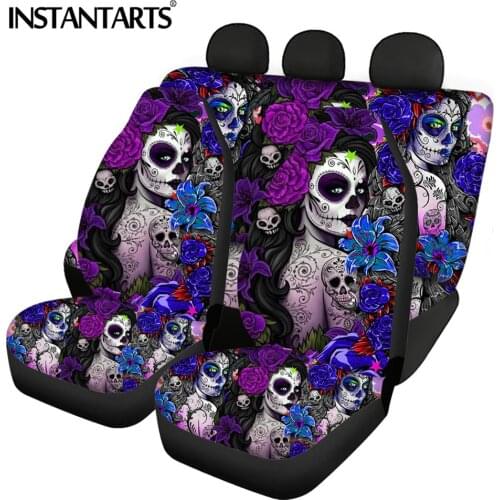 INSTANTARTS Poppy Floral Skull Day of the Dead Printed Heavy-Duty Car Interior Seat Covers Fashion Front/Back Seat Protector