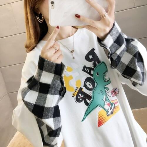 Korean Harajuku Patchwork T Shirts Fake Two Pieces Striped Stitching Long Sleeve Wild BF Casual T-shirt O-neck Women Top Tees
