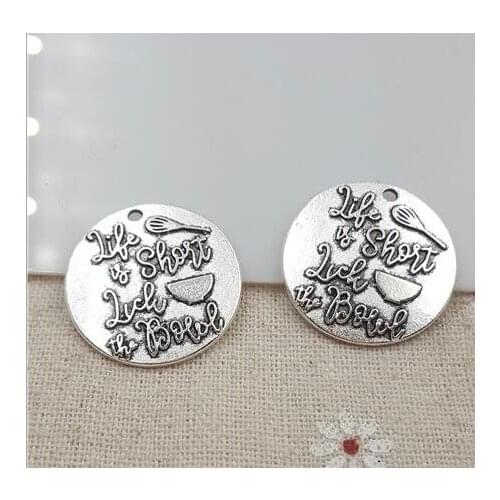 Hoting selling 10 Pieces/Lot 25mm letter printed life is spoon charm round disc message charm for jewelry making