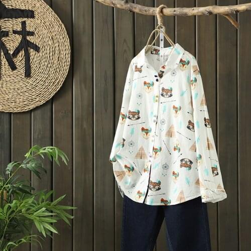 Kawaii Cute Cartoon Animal Printed Women Shirt Tops Spring 2021 New Casual Long Sleeved Sweet Harajuku Blouses Cotton Blusas