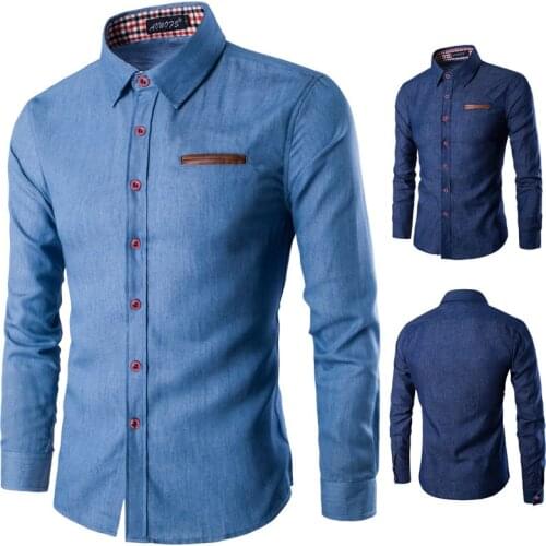 Mens Leather Pocket Cotton Long Sleeves Denim Shirt Spring and Autumn New Classic Casual Thin Jean Jacket Male Brand Clothes