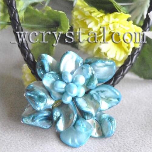 Blue Shell & Cultured Pearl one Flower pendant handmade necklace New