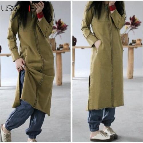 Dress Women Spring Autumn Retro Pure Color Long Sleeve Embroidery Splicing Pockets Vestidos Long Section Comfort Dress
