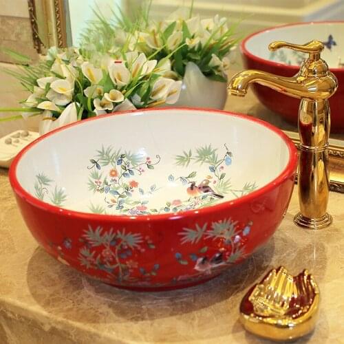 Flowers and bird Porcelain Art Bathroom Sink Lavabo Washbasin Sink bathroom shampoo sink red bathroom sink