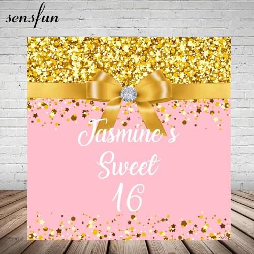 Sensfun Pink Gold Shiny Little Stars Big Bow Backdrop For Girls Sweet 16 Birthday Party Photography Backgrounds Custom Vinyl