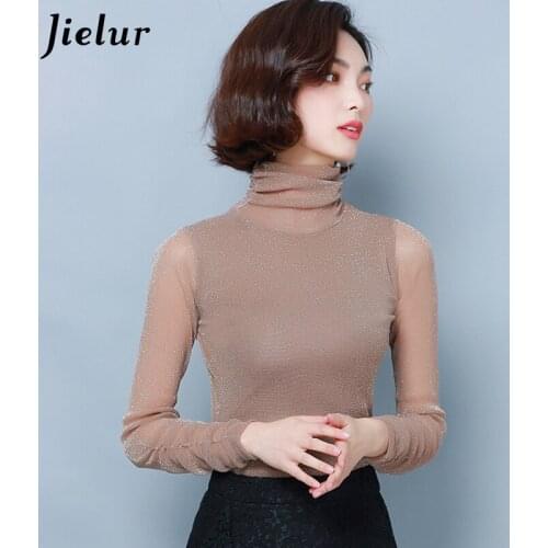 Jielur Turtleneck New Autumn Winter Mesh T-shirt Women Basic Primer Solid Color Slim Tshirt Korean Tee Tops Chic Femme T Shirt