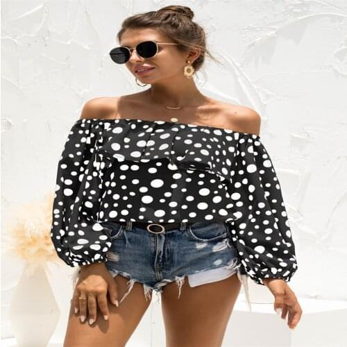 Womens Blouse Polka Dot Print Patchwork Ruffles Puff Sleeve Slash Neck Long Sleeve Shirts Women Clothing 2021 Blusas Femme Tops