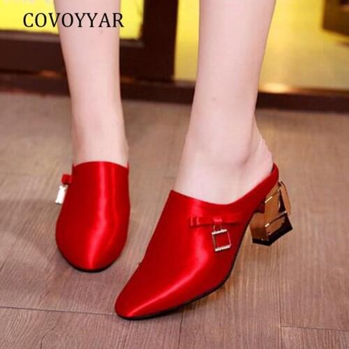 COVOYYAR Metal Decoration Women Slippers Mules 2021 Slingback Pointed Toe Women Slides Crystal High Heels Women Shoes WSL69