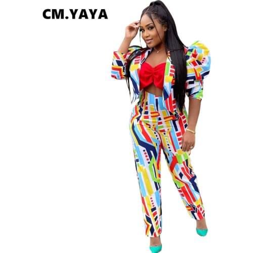 CM.YAYA Women Set Print Full Puff Sleeve Turn-down Collar Crop Coat Stretchy Pencil Pants Two Piece Sets Office Lady Outfit Fall