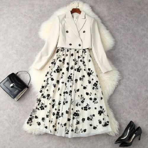 High Quality Womens Set 2021 Autumn Winter Dress Suit Ladies Long Sleeve Short Blazers+Vintage Print Strap Dress Set Casual