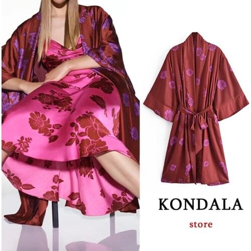 Za 2021 Chic Red Floral Satin Vintage Women Long Kimono Jackets Long Sleeve V Neck Sashes Open Stitch Coats Autumn Outwear