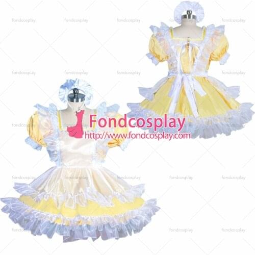 Fondcosplay adult sexy cross dressing sissy maid short French lockable baby yellow satin dress white organza Tailor-made[G3916]