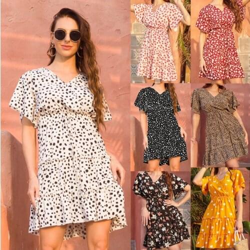 Summer Dress Woman Dresses For Women 2021 Robe Femme Vestidos De Mujer Casual V-Neck Print Flare Short Sleeve Dropshipping