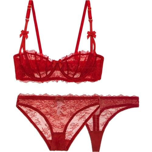 Women sexy lingerie transparent underwire Women lace ultra-thin big cup size comfortable underwear bra set