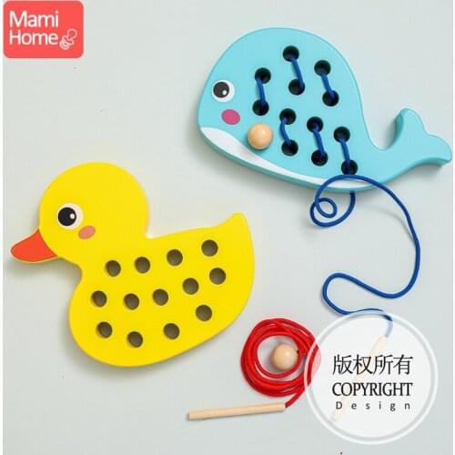 1Set Kids Cartoon Whale Duck Animal Wooden Stringing Threading Block Board Baby Monterssori Early Educational Toy Baby Goods