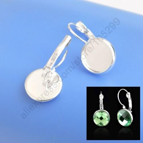 50PCS Solid 925 Sterling Silver Jewelry Findings 12MM Flat Disco Cabochon Cameo Settings Earring French Lever Back