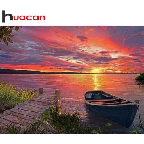 Huacan Diamond Painting 5D DIY Sunset Full Diamond Embroidery Mosaic Landscape Boat Rhinestones Decoration Home