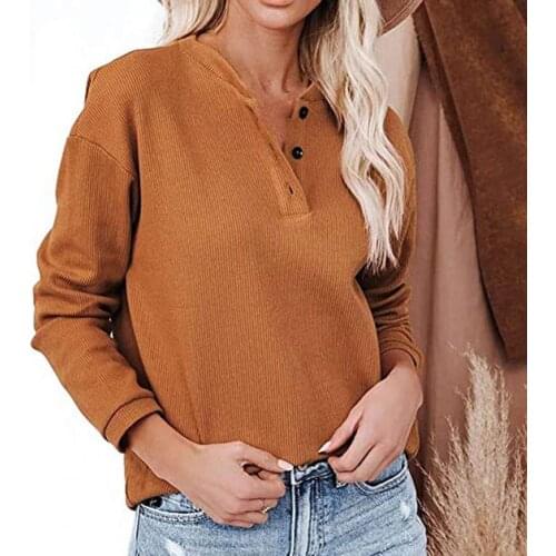 Blouses Womens Fashion Casual Loose Solid Color Long Sleeve Button V-neck Blouse Shirt Top Female Blusas
