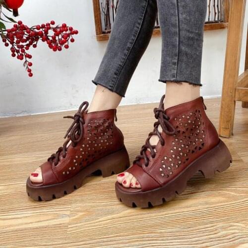 Female Summer Genuine Leather Shoes Retro Lace-Up Women Sandals 2021 New Zip Wedges Hollow Out Handmade Platform Ladies Sandals
