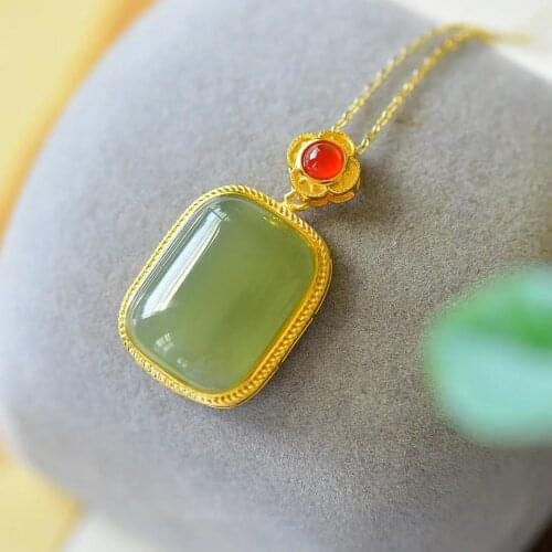 Natural Hetian Jade Necklace Female Tranquility and Peace Plate Long Board Jade Pendant Xiangyun Sterling Silver Clavicle Chain