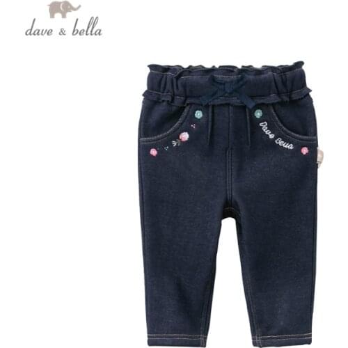 DB14849 dave bella winter baby girls fashion bow floral letter pants children full length kids pants infant toddler trousers