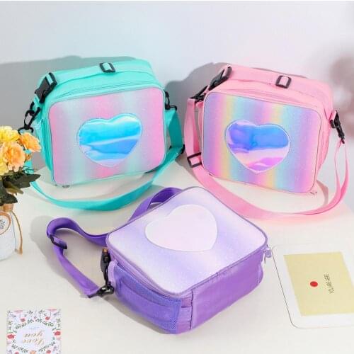 Kids Portable Cute Rainbow Glitter Lunch Bag Cooler Bag Ice Pack Lunch Box Insulation Package Insulated Thermal Food Picnic Bags