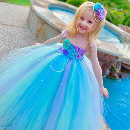 Girls Mermaid Flower Dress Kids Crochet Tutu Dress Ball Gown with Hairbow Children Birthday Party Costume Cosplay Princess Dress