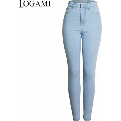 LOGAMI Light Blue Skinny Jeans Woman Autumn Spring Casual Pencil Denim Pants Ladies High Waist Slim Pants