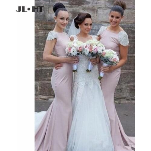 Elegant Mermaid Bridesmaids Dresses for Women Beaded Short Sleeves Elastic Satin Wedding Party Dress Bridesmaids Dress