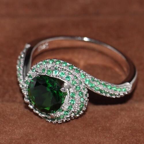 Vecalon 2CT Brand New Ring for Women Luxury Jewelry Round Pave Green 5A Zirconia CZ Party Female Wedding Band Ring For Lovers