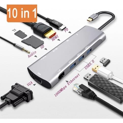 10in1/9in1 USB Type-c Thunderbolt 3 Hub to HDMI VGA 4K RJ45 USB3.0X3 Hub USB-C PD TF SD Slot Audio Cable Adapter for Macbook Pro