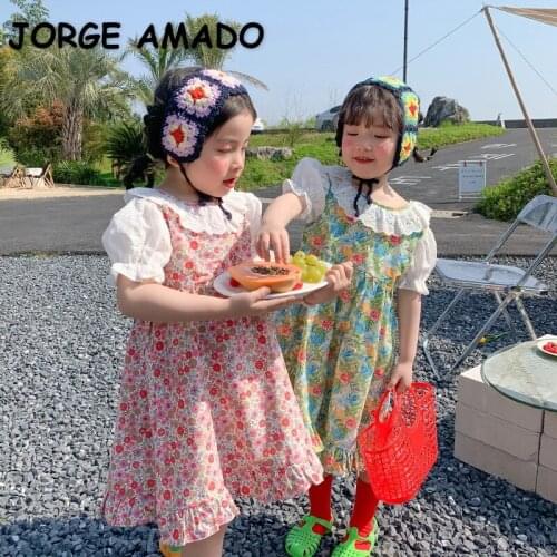 2021 Korean Style New Summer Kids Girls Dress Lace Peter Pan Collar Floral Princess Dresses Fashion Clothes E1034